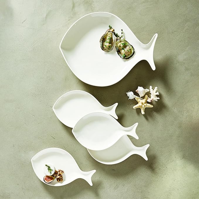 Santa Barbara Design Studio Appetizer Plate Set - 9" Ceramic Fish-Shaped Dessert Plates, 4-Count, White
