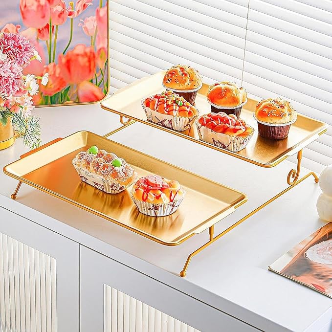 Wooden Serving Tray, Acacia Wood Fruit & Vegetable Display Platter for Countertop, Hotel, Party, Holiday- Gold