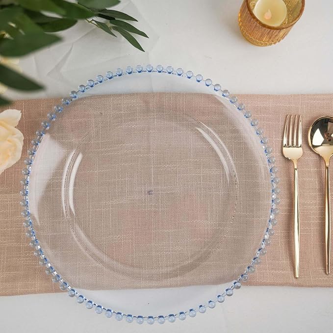 13" Charger Plates - Set of 12 - Blue Round Acrylic Disposable Chargers with Beaded Rim, Ideal for Dinner Party Wedding Bulk Events
