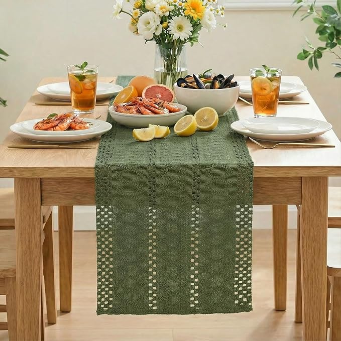 Artoid Mode Army Green Farmhouse Woven Rustic Hollow Table Runner, Seasonal Holiday Hollow Kitchen Dining Table Decoration for Home Party Decor 12x60 Inch