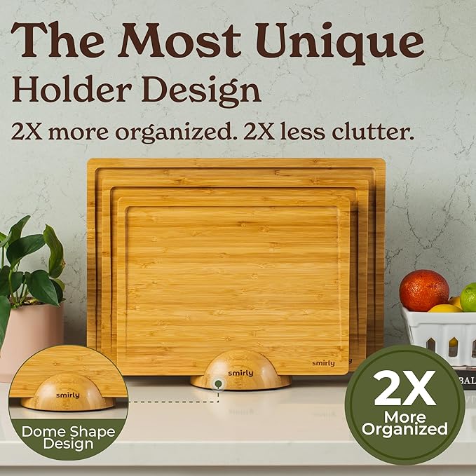 SMIRLY Wooden Cutting Boards For Kitchen Meal Prep & Serving - Bamboo Cutting Board Set with Holder, Charcuterie & Chopping Board, Wood Cutting Board Set, Kitchen Gadgets