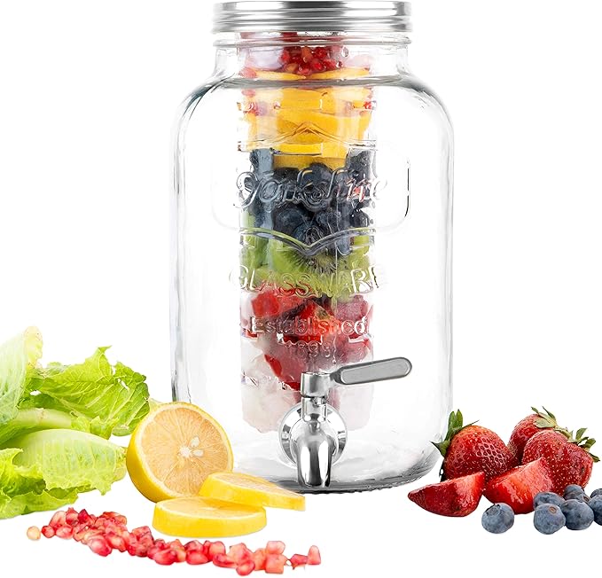 2 Gallon Glass Beverage Dispenser with Ice and Fruit Infusers, Stainless Steel Spigot and Metal Lid, Wide Mouth Mason Jar Drink Dispenser, for Iced Tea, Kombucha Brewing and more
