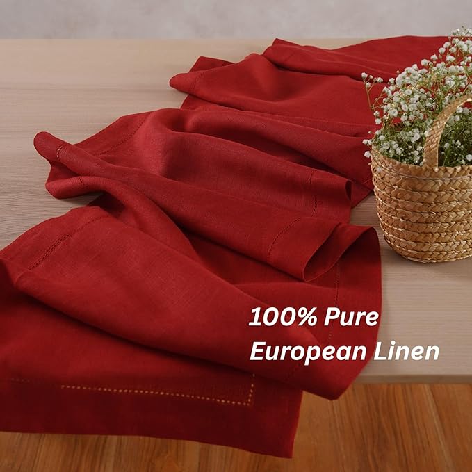 Home Ekaa Linen Table Runner 14 x 90 Inch Long - 100% Pure Linen Christmas Red Table Runner - Cloth Fabric Hemstitch Runner for Everyday Dining, Fall, Autumn, Holiday, Winter, New Year - Elara