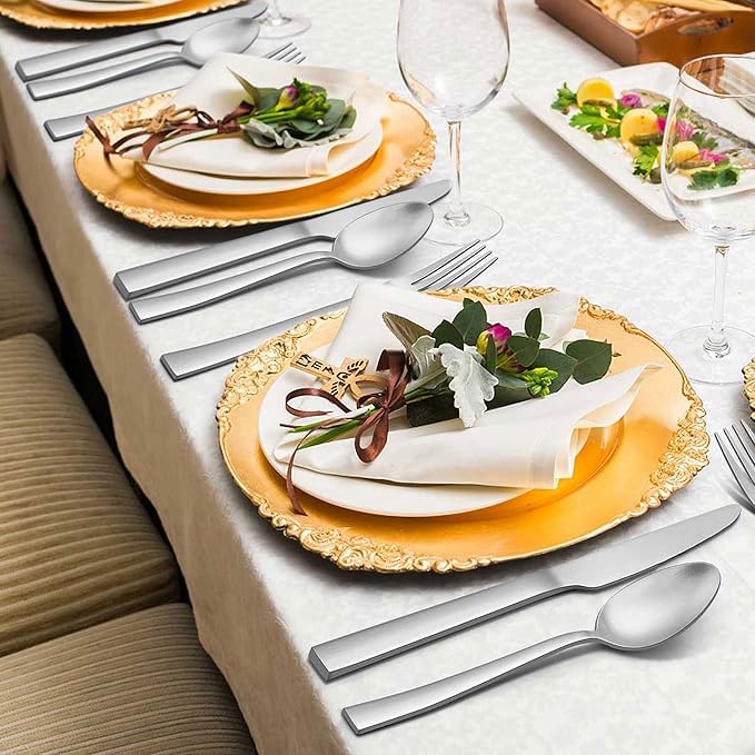 Herogo 60-Piece Matte Silverware Set for 12, Stainless Steel Square Flatware Cutlery Set, Tableware Eating Utensils Include Knife Spoon Fork, Satin Finish, Dishwasher Safe