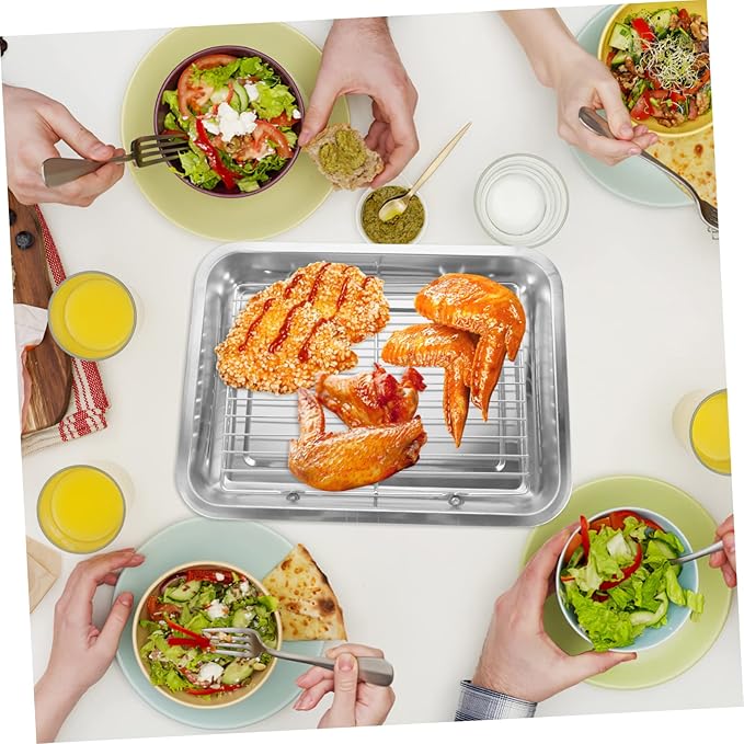 Yardwe Stainless Steel Grilled Food Serving Tray for BBQ Oil Draining Snack Dish Rectangular Multi-Function Frying Food Plate for Parties and Gatherings