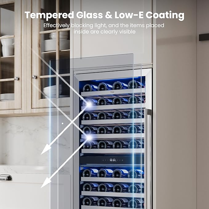 Yeego Wine Fridge – 24 Inch Dual Zone Wine Cooler Refrigerator 40°F-65°F, 304 Stainless Steel Glass Door Lock, Temp Memory Blue & White LED Built-in Fridge Left-hand Opening with Drawer (89 Bottle)