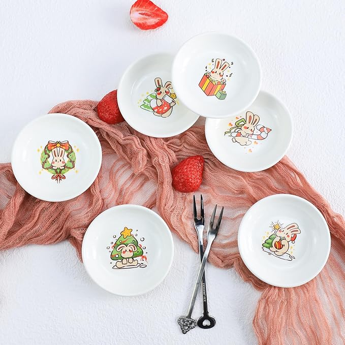 SOCOSY Cute Cartoon Christmas Rabbits Ceramic Sauce Dishes, Seasoning Dishes, Little Cat Dog Bird Feeding Bowls, Sushi Soy Dipping Bowls, Appetizer Plates, Dessert Plates-Rabbits-3.5 Inch, Set of 6