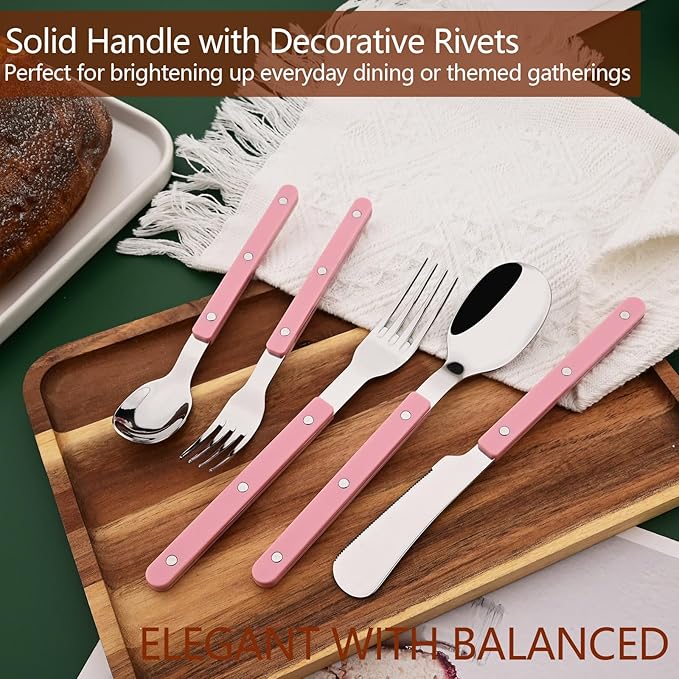 20 PCS Stainless Steel Flatware Set for 4, Silverware Set with Colored Handles, Retro Style Forks Spoons and Knives Set, Vintage Eating Utensils, Pink Acrylic Handle with Rivets Design