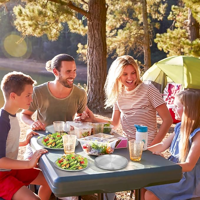 10 Stainless Steel Plates, 7.8 inch 304(18/8) Metal Camping Plate, Reusable Food Serving Dish Snack Eating Dishes Round Shatterproof Plate Silver Dinnerware for BBQ Dinner Oven Dishwasher Safe