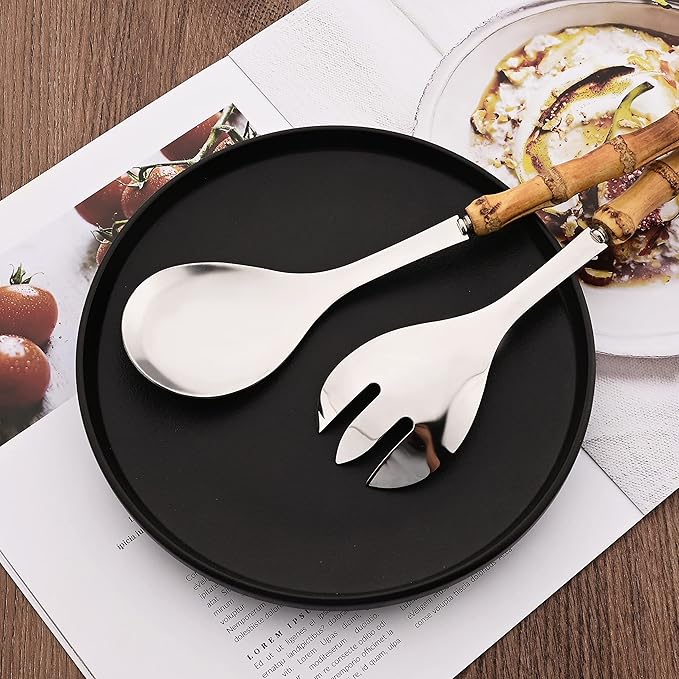 Natural Bamboo Handle Serving Utensils, Serving Spoon and Fork Set, Salad Servers Include 2 Large Serving Spoons and 1 Serving Fork, Stainless Steel Cutlery Set for Home/Party/Buffet, Silver