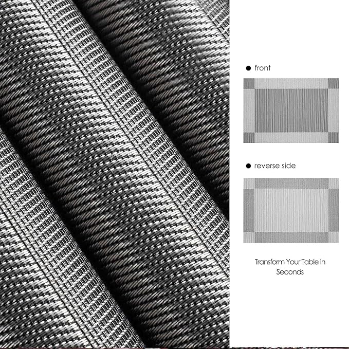 AHHFSMEI Placemats for Dining Table Set of 4 Woven Vinyl Plastic Place Mats Non-Slip Heat Insulation Stain Resistant Table Mats Washable Easy Clean Placemats (Silver Corner 4)