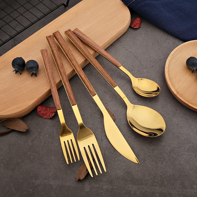 Korean Style Wood Flatware Stainless Steel Fork/Spoon/Knife/Teaspoon with Wooden Square Handle Cutlery Set of 4 Dinnerware for Home, Kitchen, Restaurant, Gift - Gold