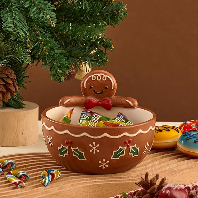 Bico Traditional Gingerbread Man Ceramic Candy Bowl, 17oz – Hand-Painted Holiday Treat Bowl, Christmas Decorative Dish for Candy, Jam, or Sauce – Microwave & Dishwasher Safe