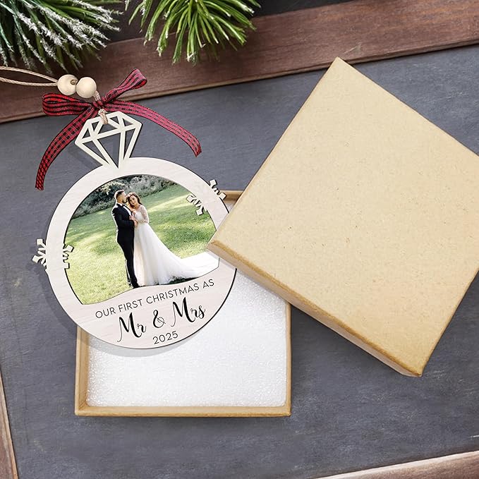 Personalized First Christmas Mr and Mrs Ornament Gifts - Wedding Gifts 2025 - Bridal Shower Bride Gift Ideas for Her, Married Couple, Newlywed - Picture Frame Wood Hanging Ornament 2025