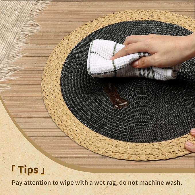 Noctiflorous Round Placemats Set of 6, 15 Inch Braided Hand Woven Table Mats, Heat Resistant Non-Slip Wipeable Wide Edge Place Mats for Kitchen Dining Indoor Outdoor Use(Black, 6)