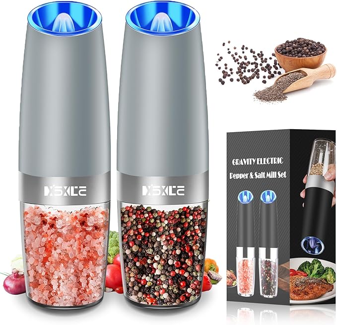 XinXu Gravity Electric Pepper and Salt Grinder Set, Adjustable Coarseness, with LED Light, One Hand Automatic Operation (Set/Light Grey X)