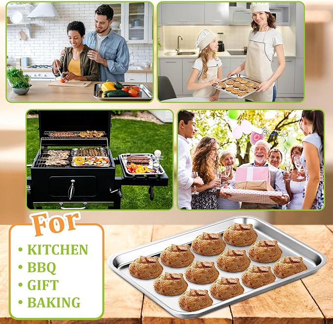 6 Pcs 8.6 x 6.4 Inch Baking Sheets Stainless Steel Baking Pan Tray Cookie Sheet Rectangle Mirror Finish and Rust Free Easy Clean and Dishwasher Safe Bakeware Oven Tray for Roasting (Silver)