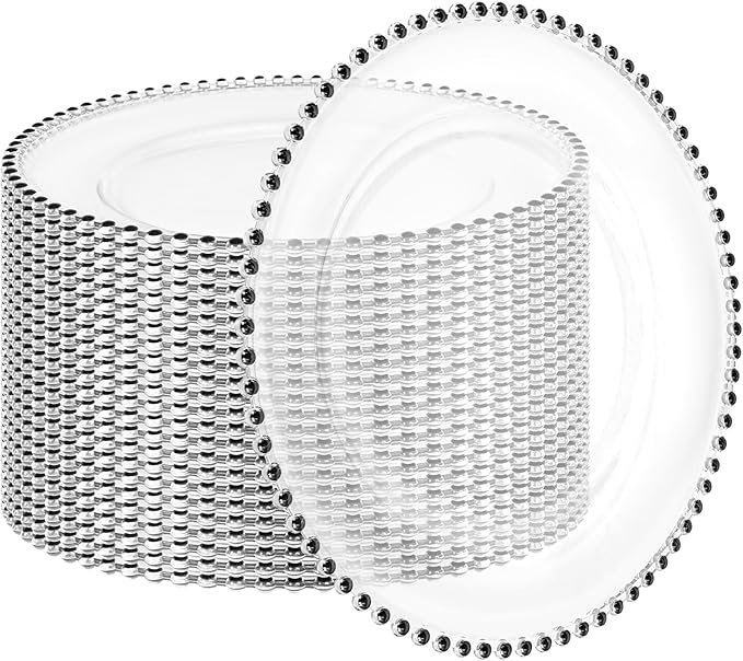 24 Pack Clear Charger Plates with Beaded Rim, 13 Inch Plastic Chargers for Dinner Plates Acrylic Round Tabletop Decoration for Home Kitchen Catering Wedding Table Event Party Dinner (Black)