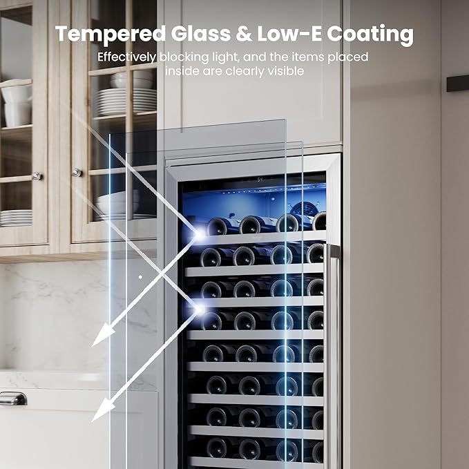 Yeego Wine Fridge – 24 Inch Wine Cooler Refrigerator 40°F-65°F, 304 Stainless Steel Glass Door Lock, Temperature Memory Blue & White LED Built-in Fridge Left-hand Opening with Drawer (89 Bottle)
