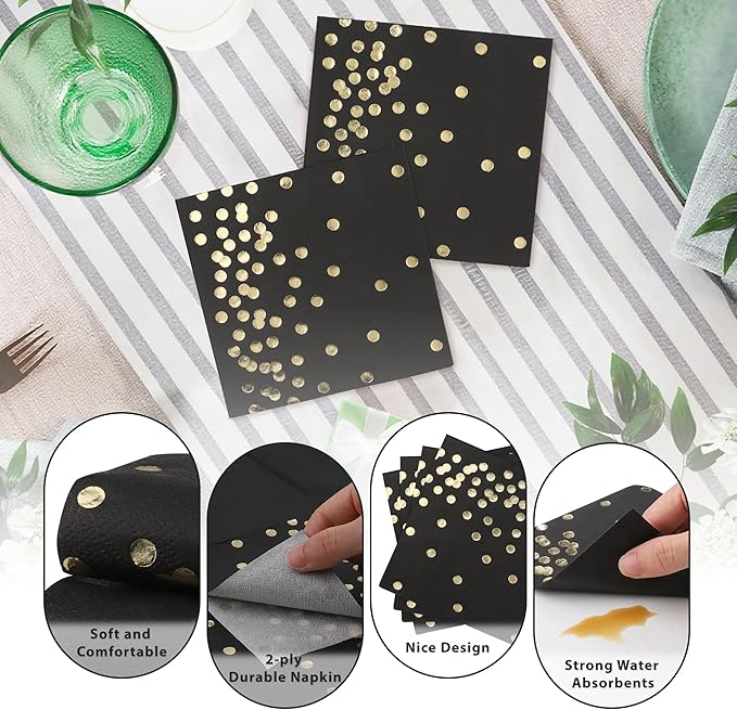 80 Pack of White Paper Cocktail Napkins with Gold Foil Polka Dot Confetti，Polka Dot Party Supplies(5 x 5 in，3-ply) (Black)