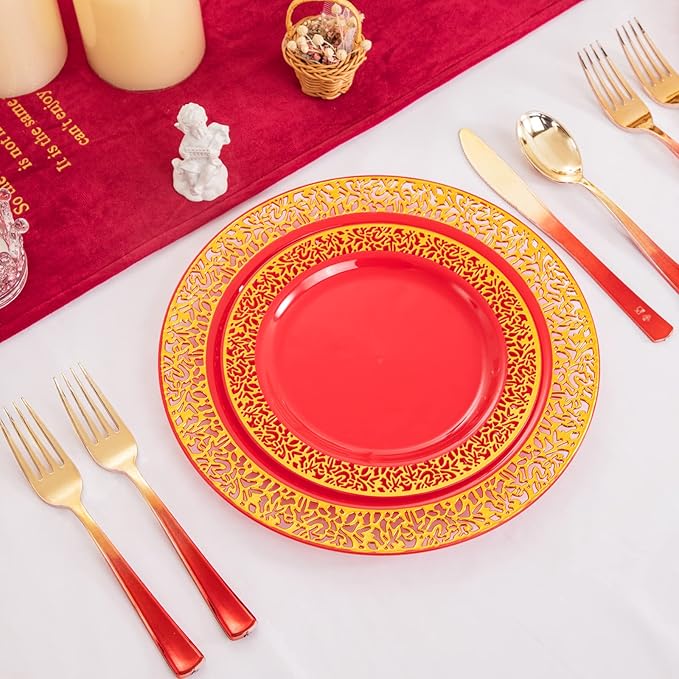 U-QE 150PCS Red and Gold Plastic Plates, Red Disposable Plates with Gold Rim for 30 Guests Include 30 Dinner Plates 10.25", 30 Salad Plates 7.5",30 Forks,30 Knives,30 Spoons Perfect for Party&Wedding