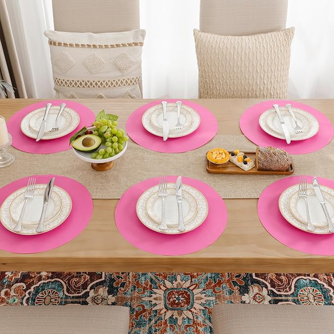 SHACOS 100 pcs Ultra Pink Valentine Round Paper Placemats Disposable 13 inch Colored Paper Place Mats for Wedding Birthday Party Bridal Baby Shower Table Decoration