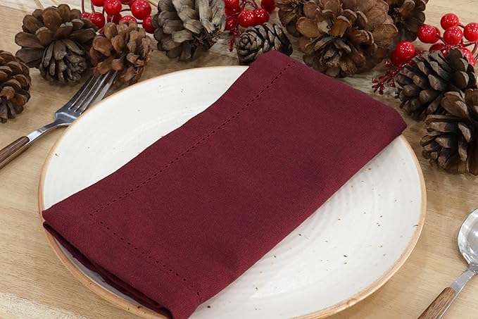 PurpleEssences Set of 12 Hemstitch Cloth Dinner Napkins 100% Cotton - Soft Durable Washable - Ideal for Wedding Spring Easter Summer - Perfect Everyday Use Table Linen 18x18 - Burgundy