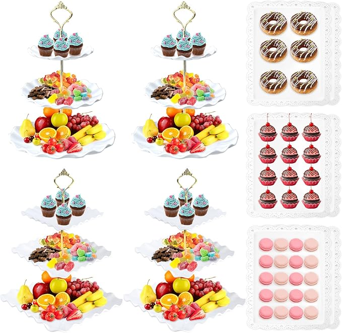 10 Pcs Cupcake Stand Set-Dessert Table Display Set-Cupcake Display Stand-Cupcake Tier Stand With 4x large 3-Tier Cupcake Stands + 6x Appetizer Trays Perfect for Wedding Baby Shower Home Birthday(Wave)
