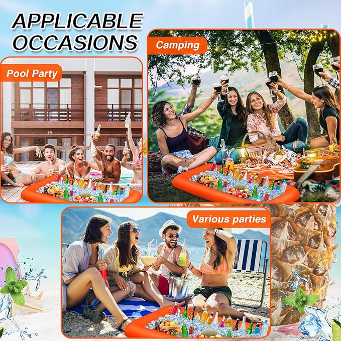 Leitee Inflatable Serving Bar with Drain Plug 52 x 24 x 5'' Inflatable Ice Serving Buffet Bar for Party Food Cooler Buffet Drink(Orange,Basic Style)