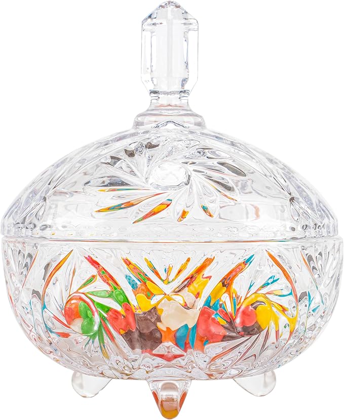Cystone 27oz Large Glass Candy Dish with Lid, Crystal Candy Bowl, Embossed Decorative Storage Jar for Office Desk, Jewelry Box, Biscuit, Christmas, Wedding, Birthday Gift
