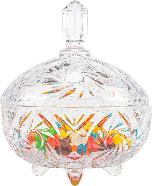 Cystone 27oz Large Glass Candy Dish with Lid, Crystal Candy Bowl, Embossed Decorative Storage Jar for Office Desk, Jewelry Box, Biscuit, Christmas, Wedding, Birthday Gift