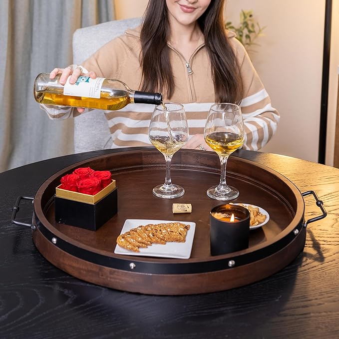 24" Extra Large Round Ottoman Tray, Heavy Duty Mango Wood, for Serving Tea, Breakfast in Bed, Living Room Large Coffee Table Tray Rustic with Farmhouse Style, Decorative Handles and Accent Strap