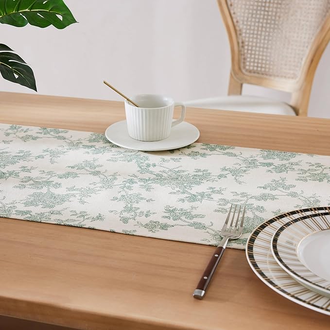100% Cotton French Pastoral Table Runners, 13x108 Inch Vintage Green Farmhouse Table Runners 108 Inches Long, Vintage Flowers Print Home Decors