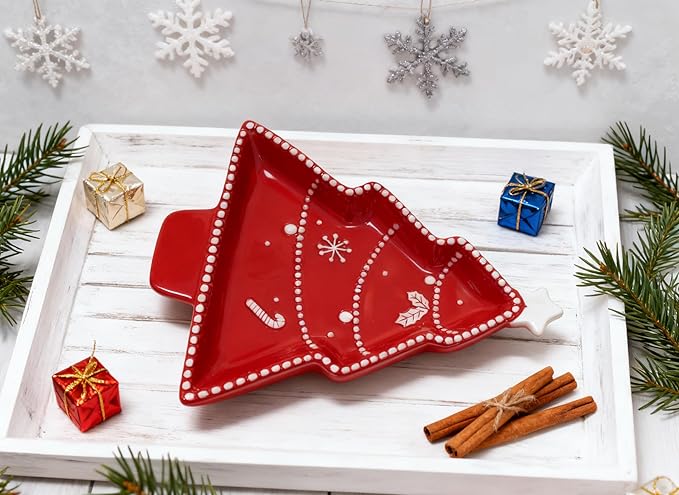 12 Inches Snacks Appetizer Trays Set, Christmas Tree Dessert Porcelain Serving Dishes, Snack Platter, Food Cereal Salad Tray, Red Xmas High Relief Ceramic Plate - Star