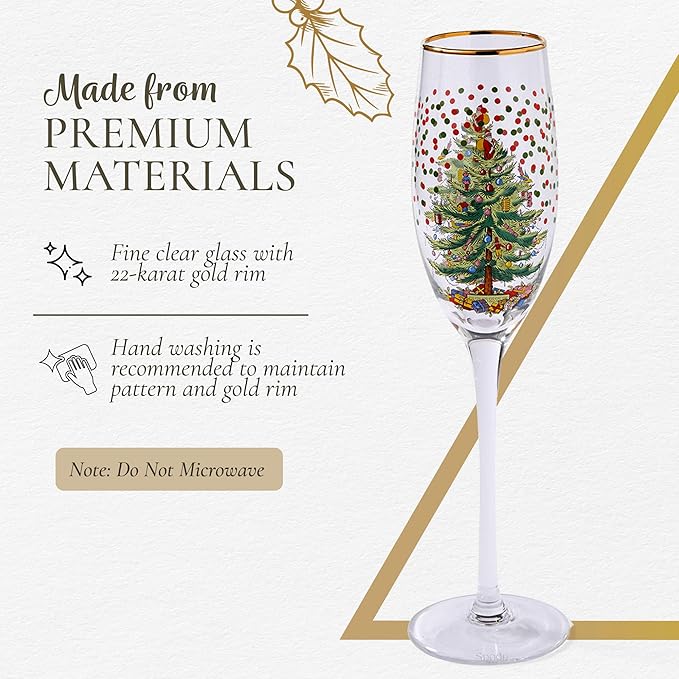 Spode Christmas Tree 8.45 Fl. Oz. Footed Champagne Flute (Set of 4), Polka Dot - Sparkling Wine Glasses for Holiday Celebrations - For Wedding Toasting Flutes & Prosecco Glasses