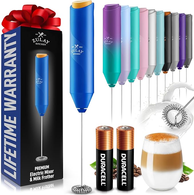 Zulay Kitchen Powerful Milk Frother Handheld with 2 Duracell AA Batteries – Ultra Fast Frother Wand Electric Drink Mixer for Coffee, Lattes, Cappuccinos, Matcha & Hot Chocolate – Portable Foam Maker