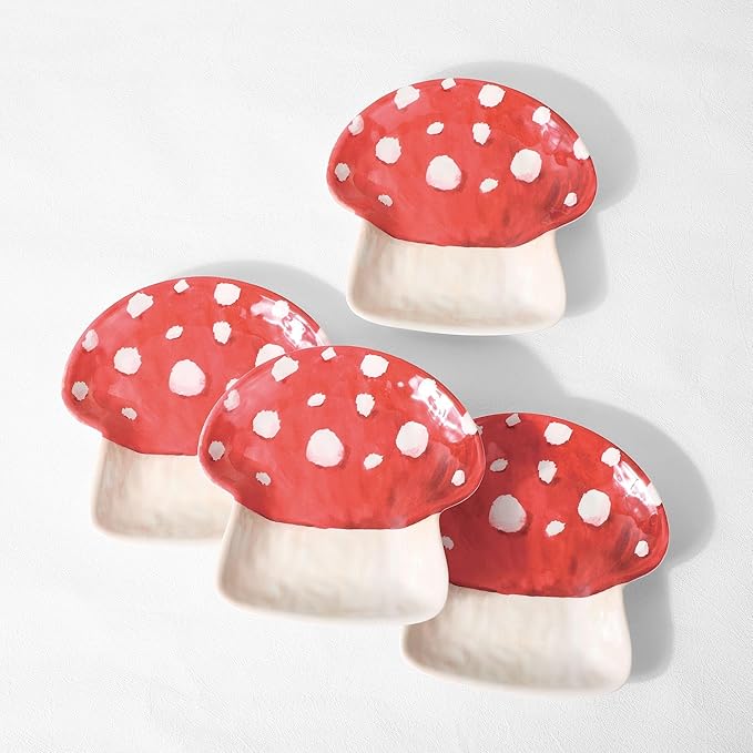 UP UPware Mushroom Shaped Melamine Dessert Plates, Small Serving Plates, for Appetizer, Snacks, and Side Dishes, Beige and Green, 6 Inch, Set of 4