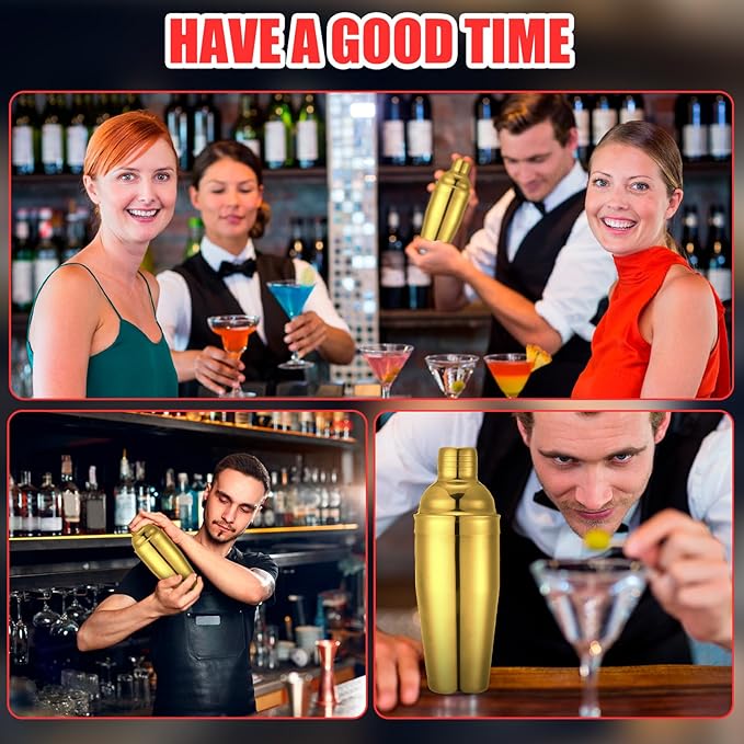 Nitial 6 Pcs Bar Cocktail Shaker Professional Stainless Steel Martini Drink Mixer Built-in Strainer for Bartending No Leaks Shaker for Bar Party Drink Mixer (Gold,25 oz)