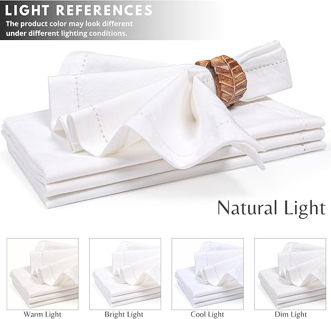 Ramanta Home White Cloth Dinner Napkin Set of 12-20x20 Inch, Premium Cotton Linen Flax Hemstitched Napkins, Soft Durable Washable for Everyday Use Thanksgiving Christmas Parties Halloween