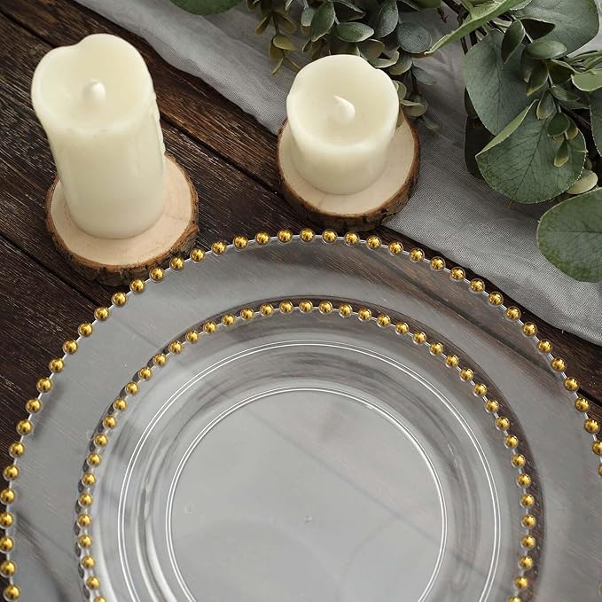 8" Salad Plates - Set of 20 - Plastic Clear Gold Round Disposable Dessert Appetizer Plate Beaded Rim, Ideal for Dinner Party Wedding Bulk Events