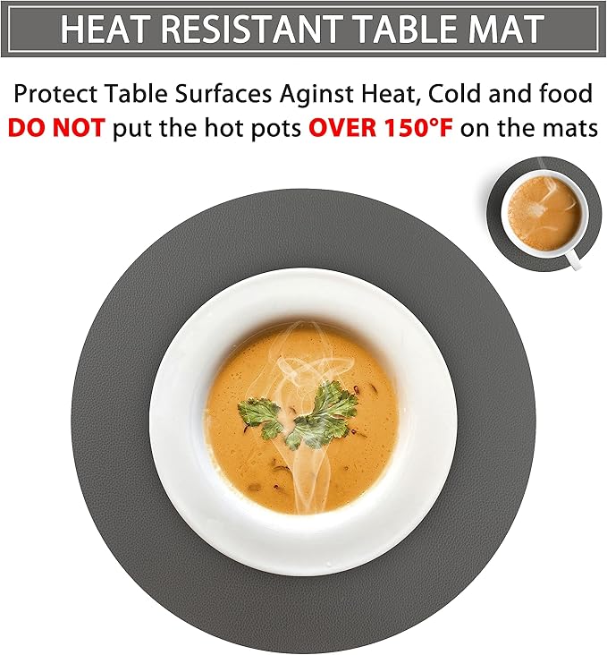 Wipeable Placemats and Coasters Leather Table Mats Waterproof Heat-Resistant Easy to Clean for Dining Table Set Kitchen Table Set of 6, Gary