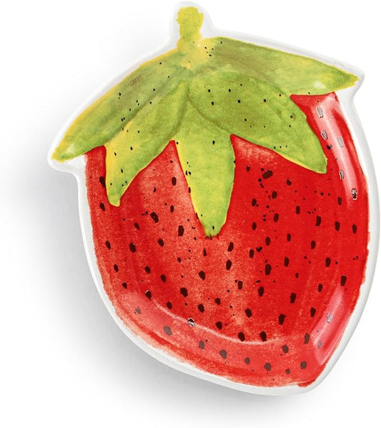 DEMDACO Decorative Serving Dining Dish Appetizer Plate, 5 Inch Ceramic Stoneware, Strawberry Shaped
