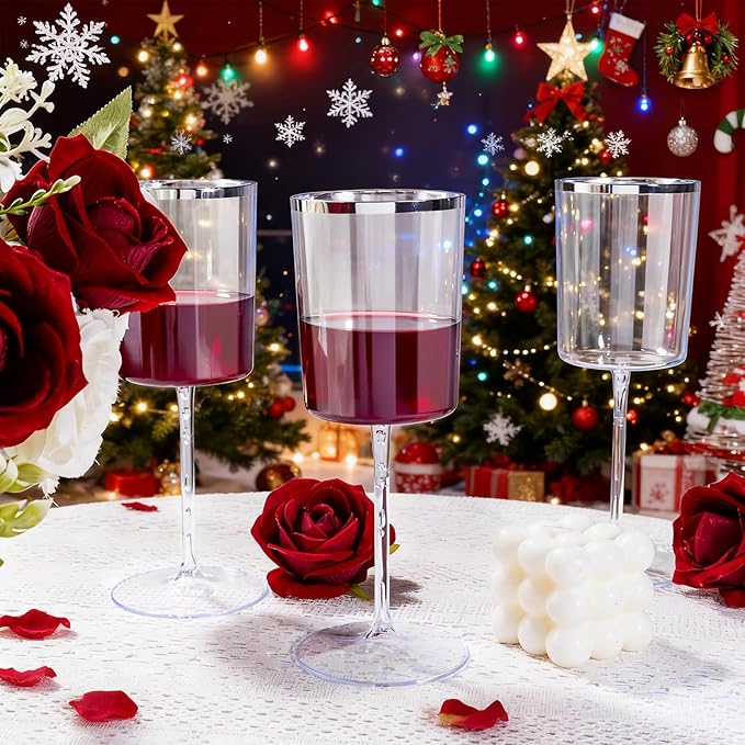 Ciaell 12 Pack Plastic Wine Glasses - 14 Oz Plastic Wine Glasses with Stem - Square Silver Disposable Stemmed Glass for Parties & Weddings & Outdoors