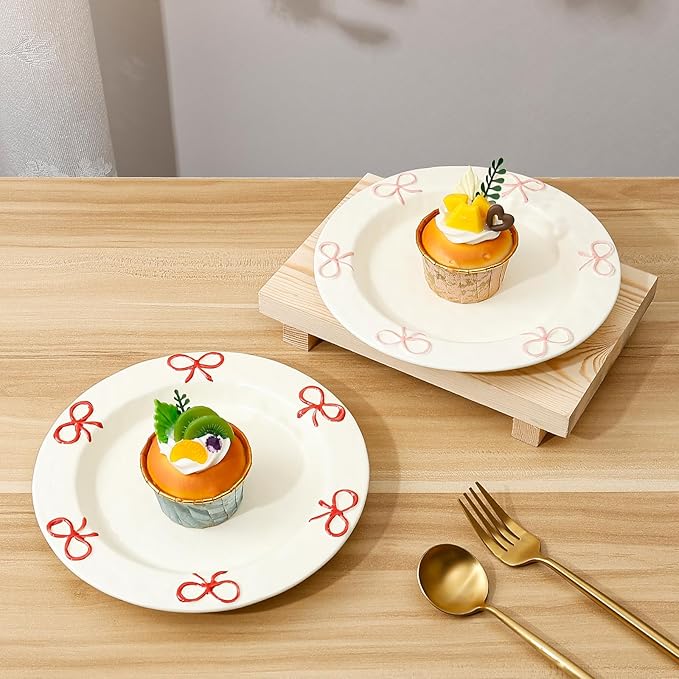 Koythin 8-inch Ceramic Dinner Plates with Bow Design, Microwave Safe - Modern Rustic Serving Dishes for Pasta, Salad, Dessert, Fruits & Appetizers (Red)