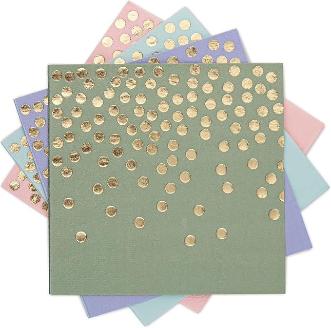 80 Pack of Paper Cocktail Napkins with Gold Foil Polka Dot Confetti，Polka Dot Party Supplies(5 x 5 in，2-ply) (80, pink green blue purple)