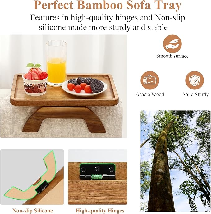 SINWANT Couch Arm Table,Acacia Wood Sofa Arm Rest Tray for Couch,13.78" Foldable Couch Armrest Tray Tables for Home Apartment Small Spaces