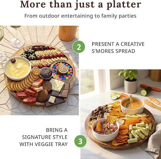 Chip and Dip Serving Platter — w/ 2 Ceramic Bowl — 12.2" Large Divided Serving Tray With Handles For Nachos & Salsa, Snack, Veggie, Fruit, Dessert — Wooden Hosting Essentials For Home