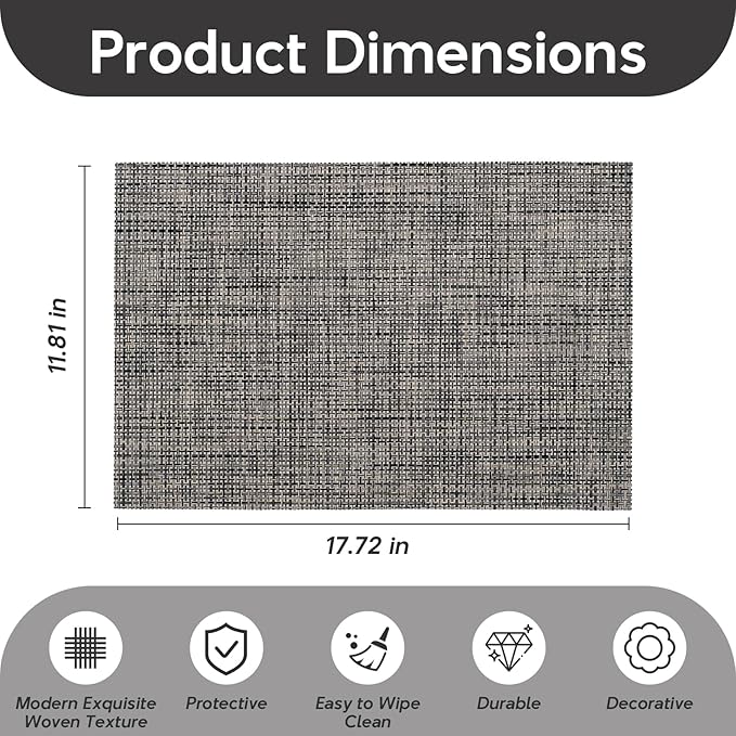 Placemats Set of 4, Heat Resistant Place Mats, Washable PVC Table Mats, Woven Vinyl Plastic Placemats for Dining Table, Non-Slip Stain Resistant Kitchen Table Placemats Easy to Clean?Ash-Gray?