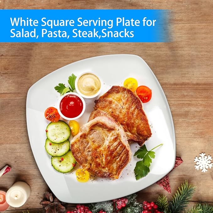 Appetizer Plates Set of 6, 10.5 Inch White Square Plates, Porcelain Dinner Plate, Square Serving Dishes for Pasta, Steak, Snacks,Salad(Microwave and Dishwasher Safe)