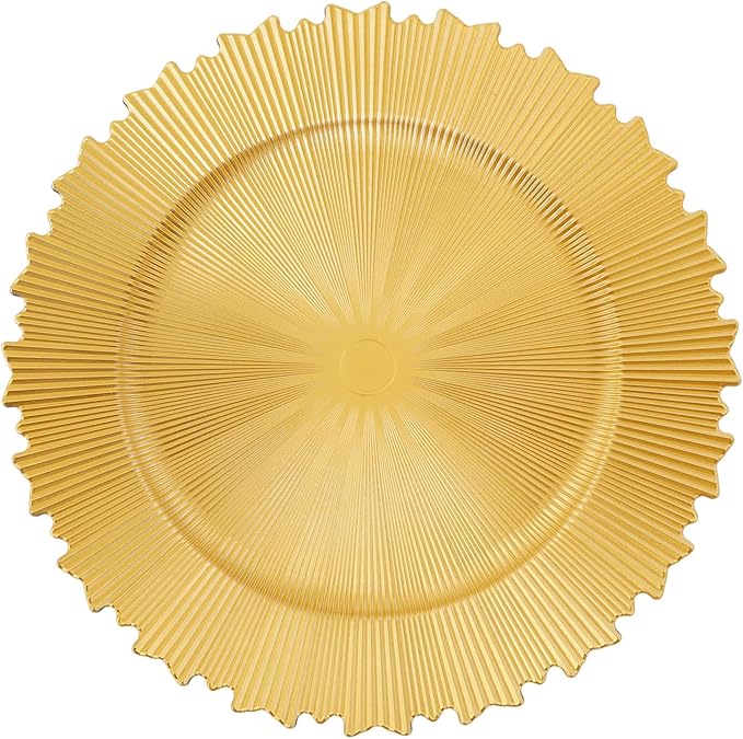 100 PCS Charger Plates Bulk, 13 Inch Plastic Round Charger Dinner Plates Jagged Edge Service Plates Decorative Chargers Bulk for Table Setting Wedding Party Event(Gold)